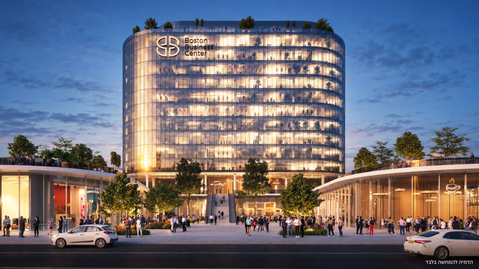 הדמיית חזית Boston Business Center בשעות הערב, הפיאצה ושטחי המסחר