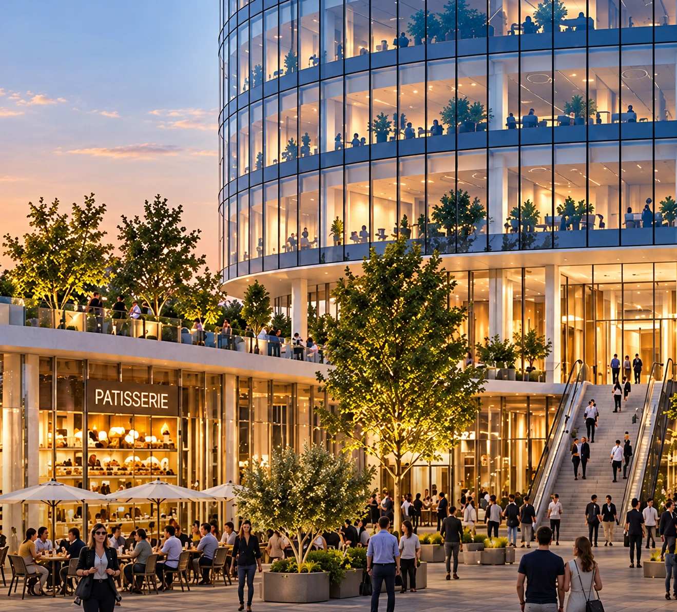 הדמיית מסעדות ובתי קפה סביב הפיאצה ב-Boston Business Center